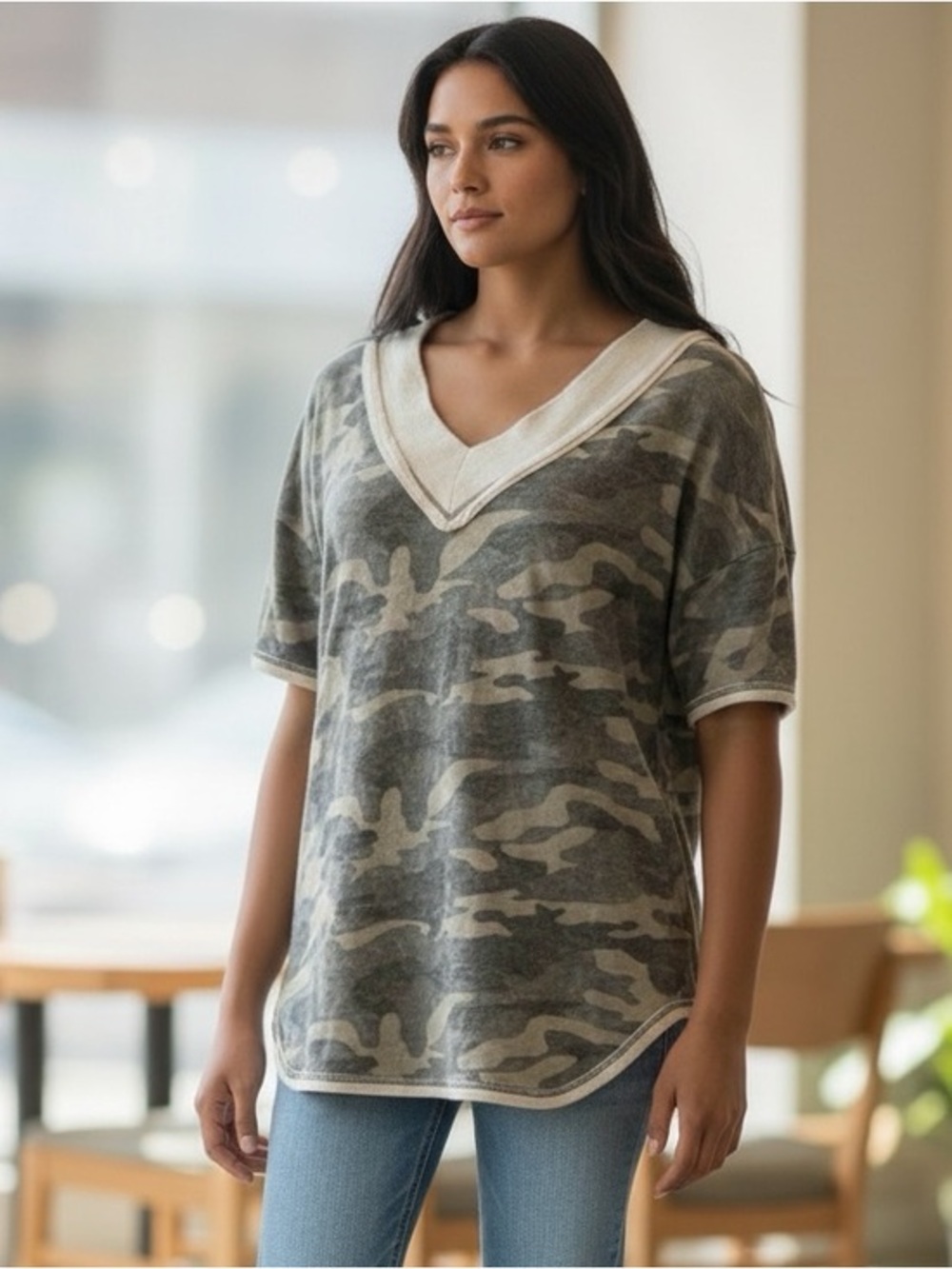 🫶🏻 BiBi Camo V-Neck Short Sleeve Knit Top